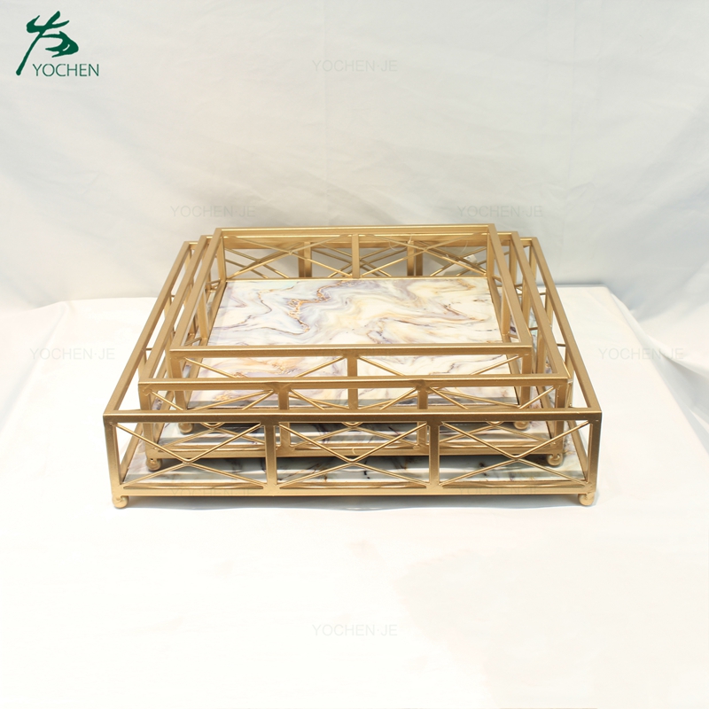 Set of 2 marble gold metal decorative serving tray