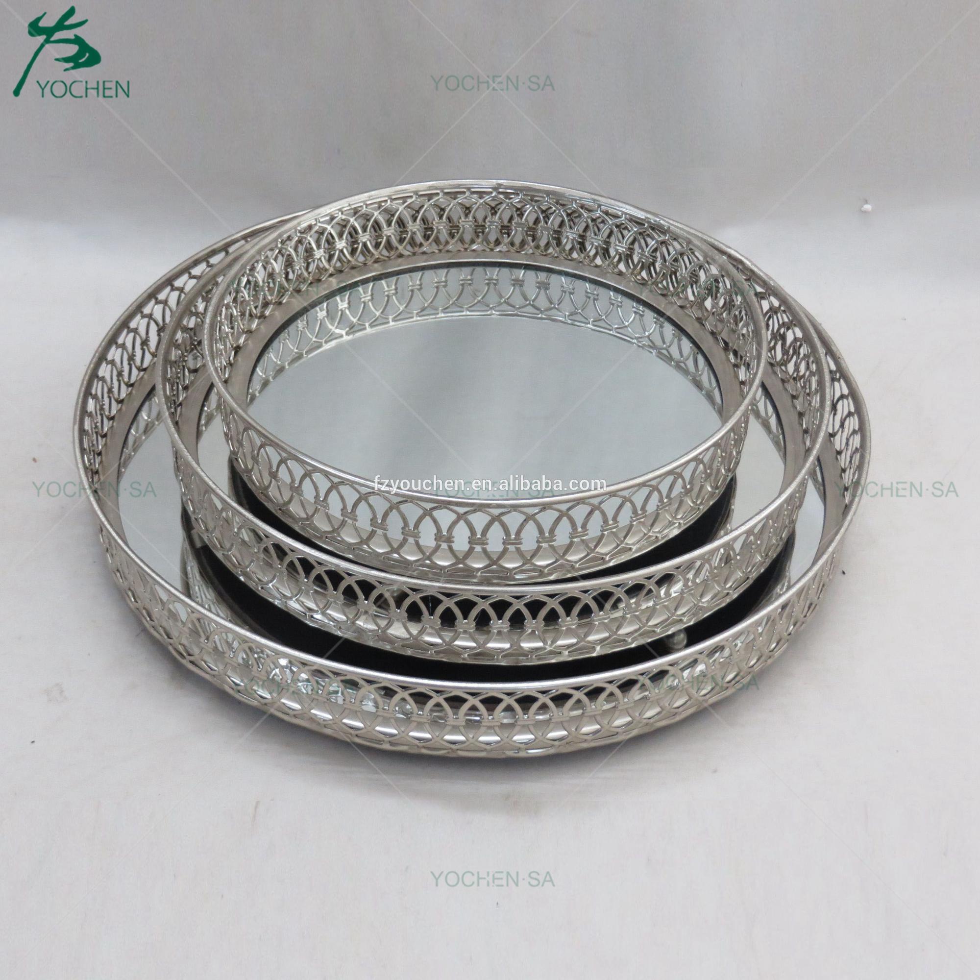 Round Silver Metal Mirored Serving Candle Plated Tray