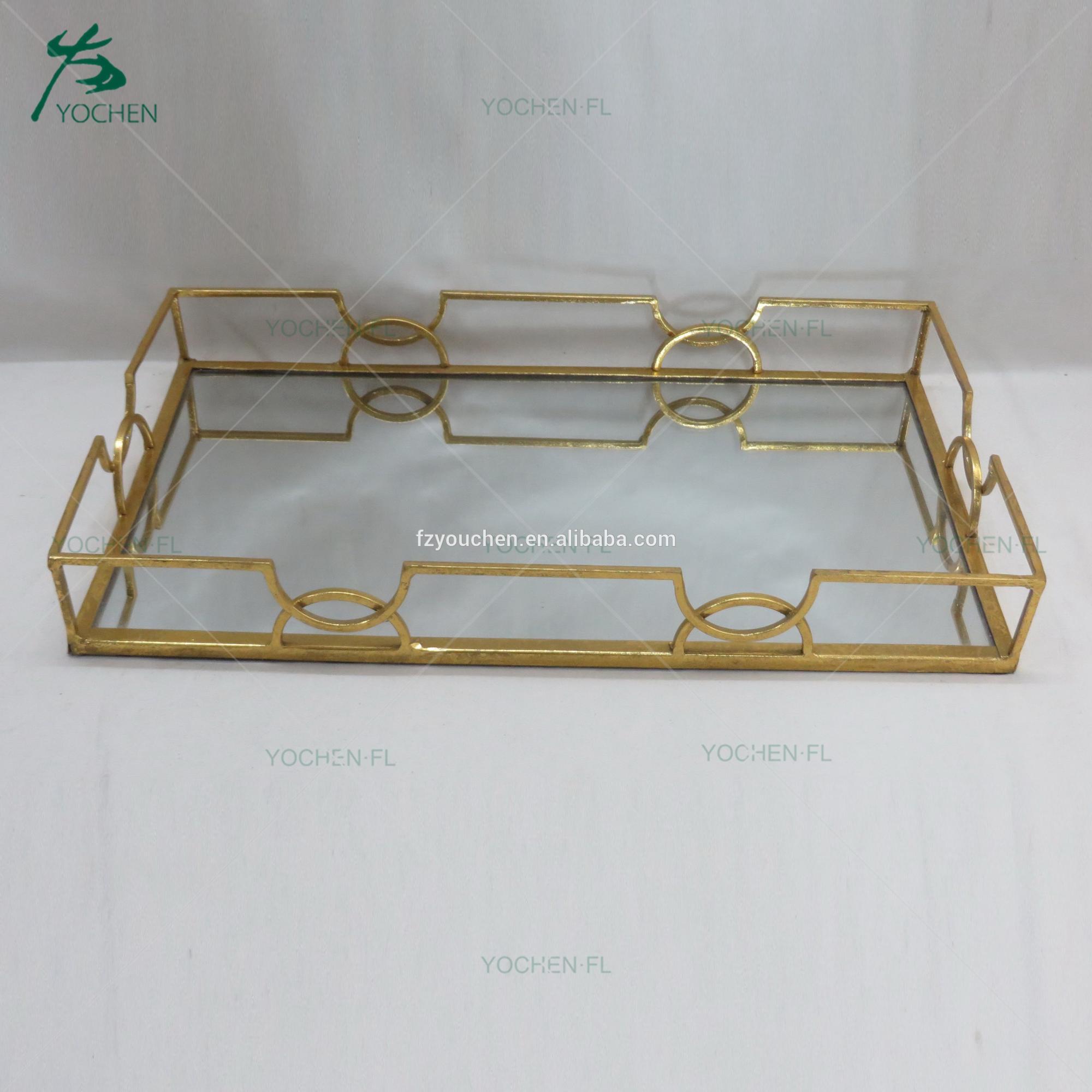rectangle metal frame modern silver mirror tray set