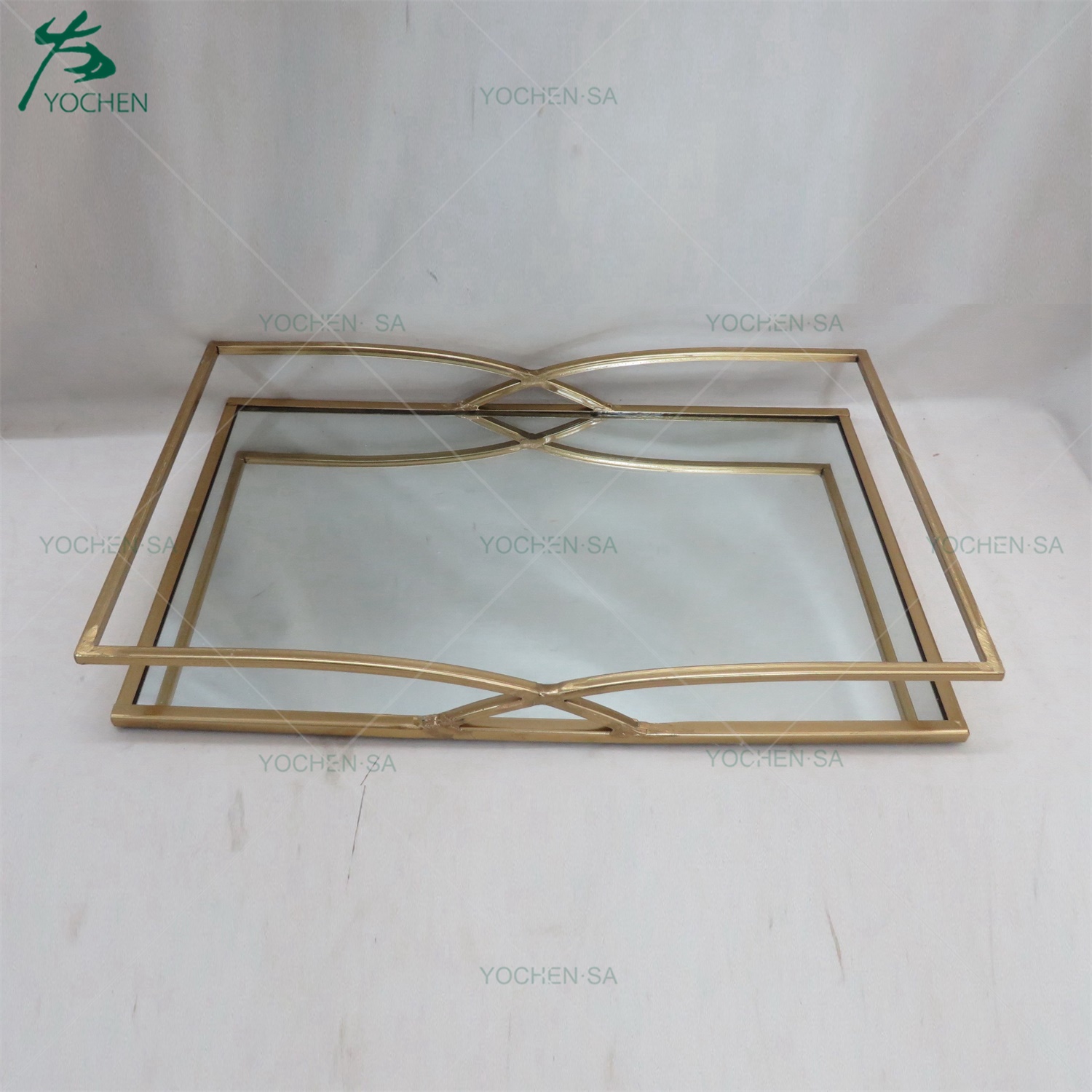 Squared Metal Framed Gold Plated Wedding Decors Metal Mirrored Serving Tray