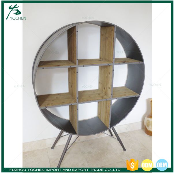Round Industrial Metal & Wood Shelf Cabinet Indoor Furniture