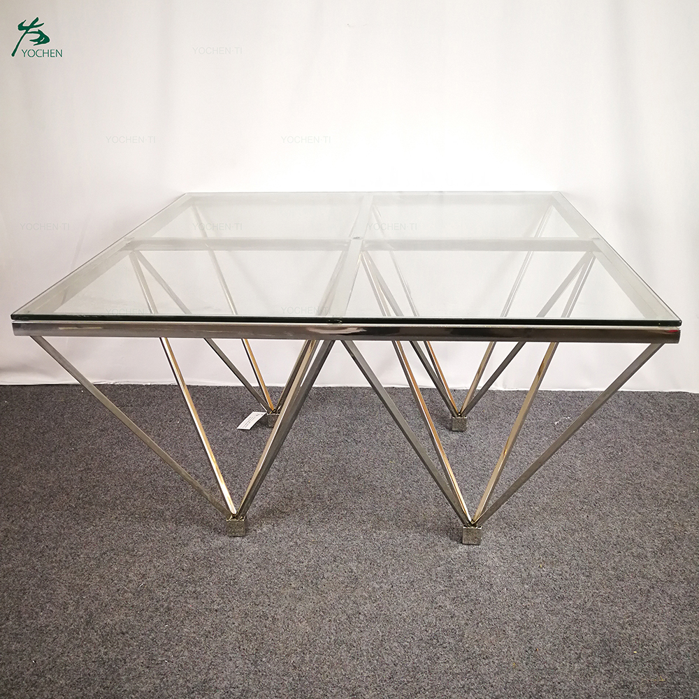 Living home glass top stainless steel gold metal frame vintage coffee table
