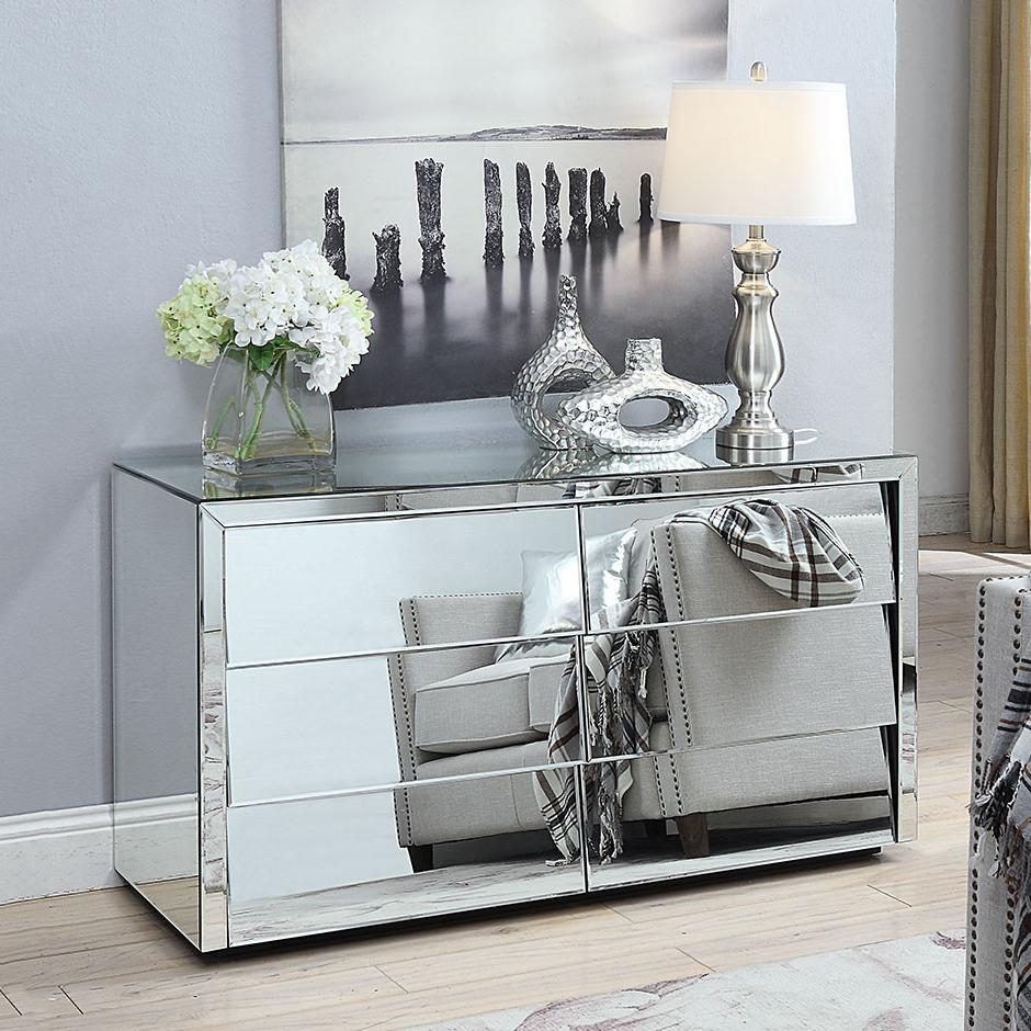 Toughened Black Glass Bedroom Mirrored Chest Of Drawers