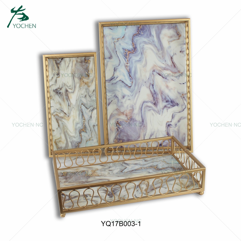 Wholesale vintage mirror tray marble top gold metal tray
