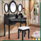 Custom Antique Black Dressing Table With Mirror And Stool