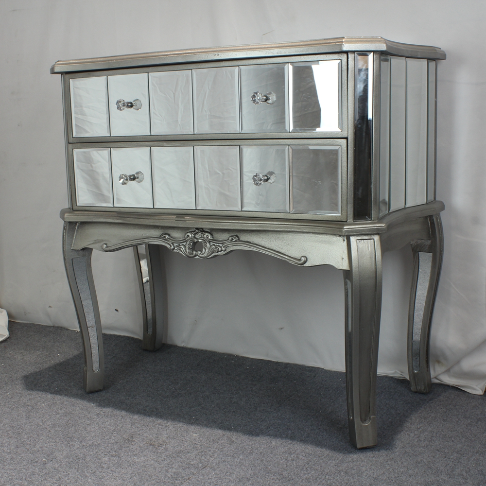 Champagne Silver Mirrored Glass Chest of 2 Drawer Living Room Cabinet