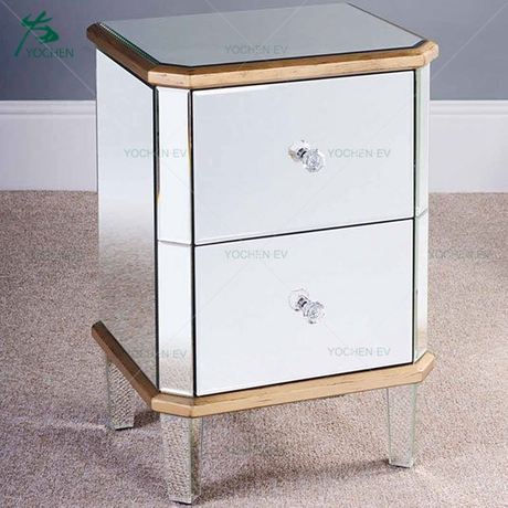 Antique Gold Trim Bevelled Mirror Bedside Table with 2 Drawers