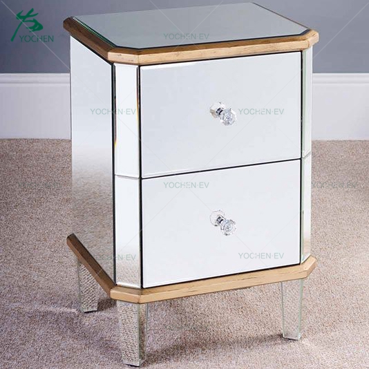 Antique Gold Trim Bevelled Mirror Bedside Table with 2 Drawers