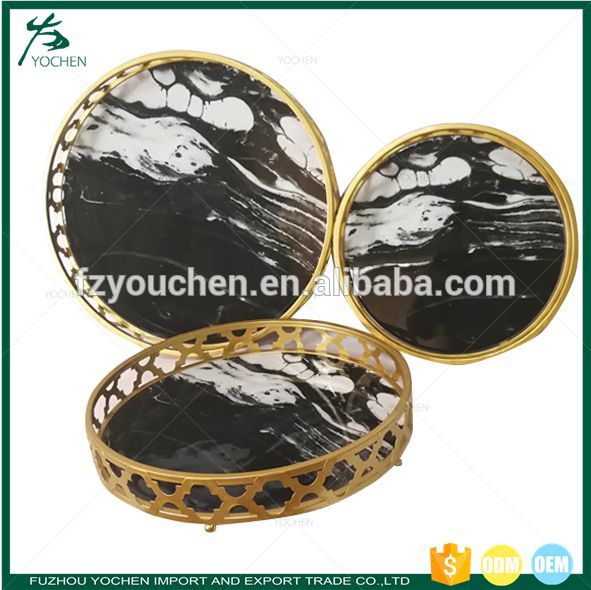 Set 3 Metal Round Tray with Marble Finish