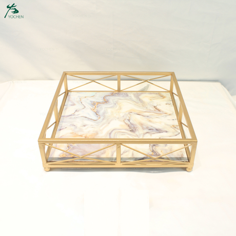 Home Decoration Marble Serving Metal Tray In Square Gold-Plated