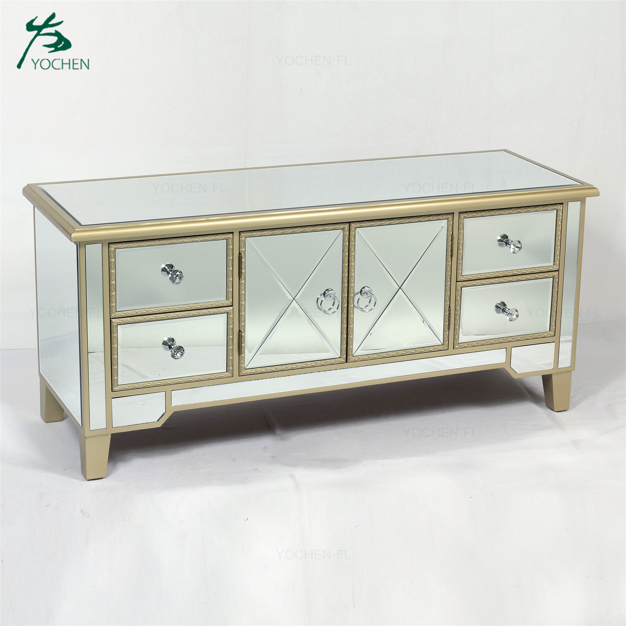 White Mirrored Tv Stand Cabinet Living Room Furniture
