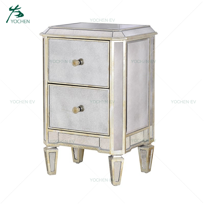 Antique Aged Gold Gilded Small Two Drawers Mirrored Bedside Table