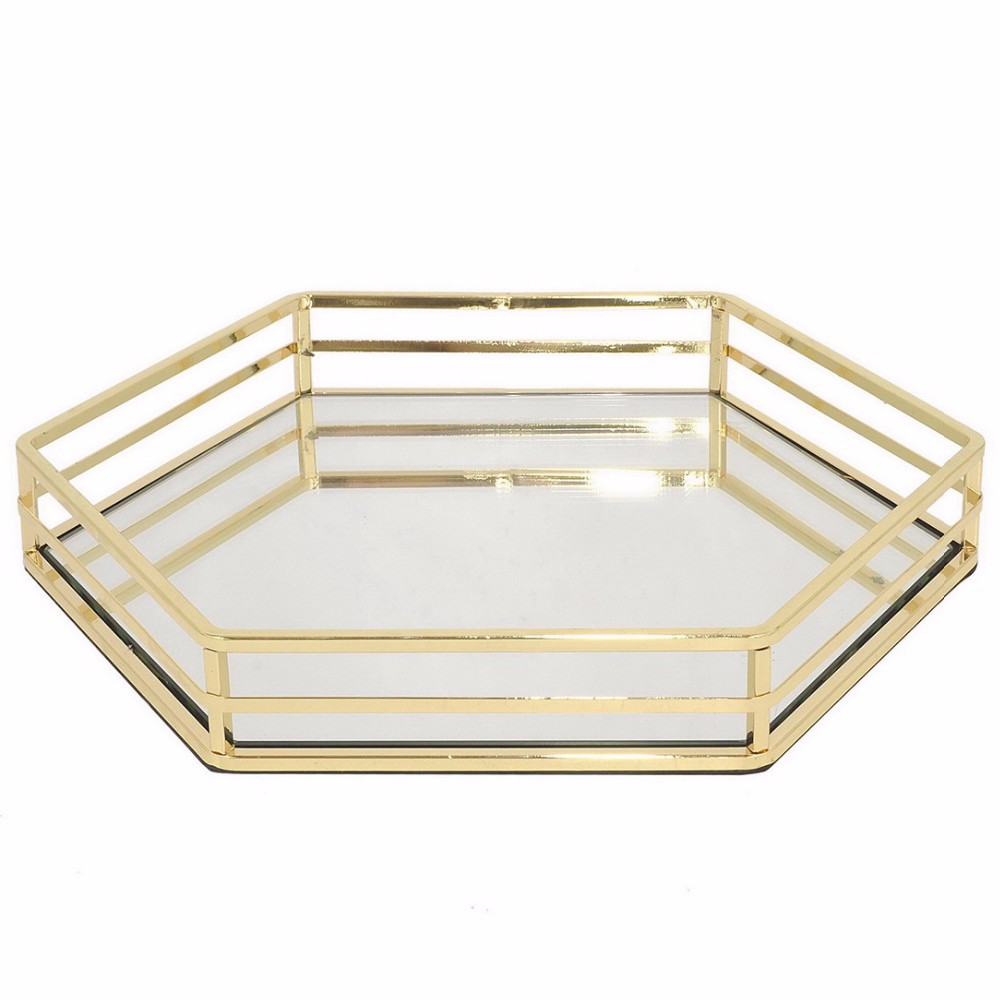 Gold Metal Beveled Mirror Tray Plate