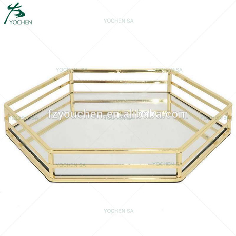 Hexagonal Mirror Vintage Gold Metal Tray