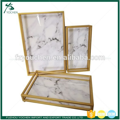 Faux Marble Metal Framed Tray Storage Serving Tray