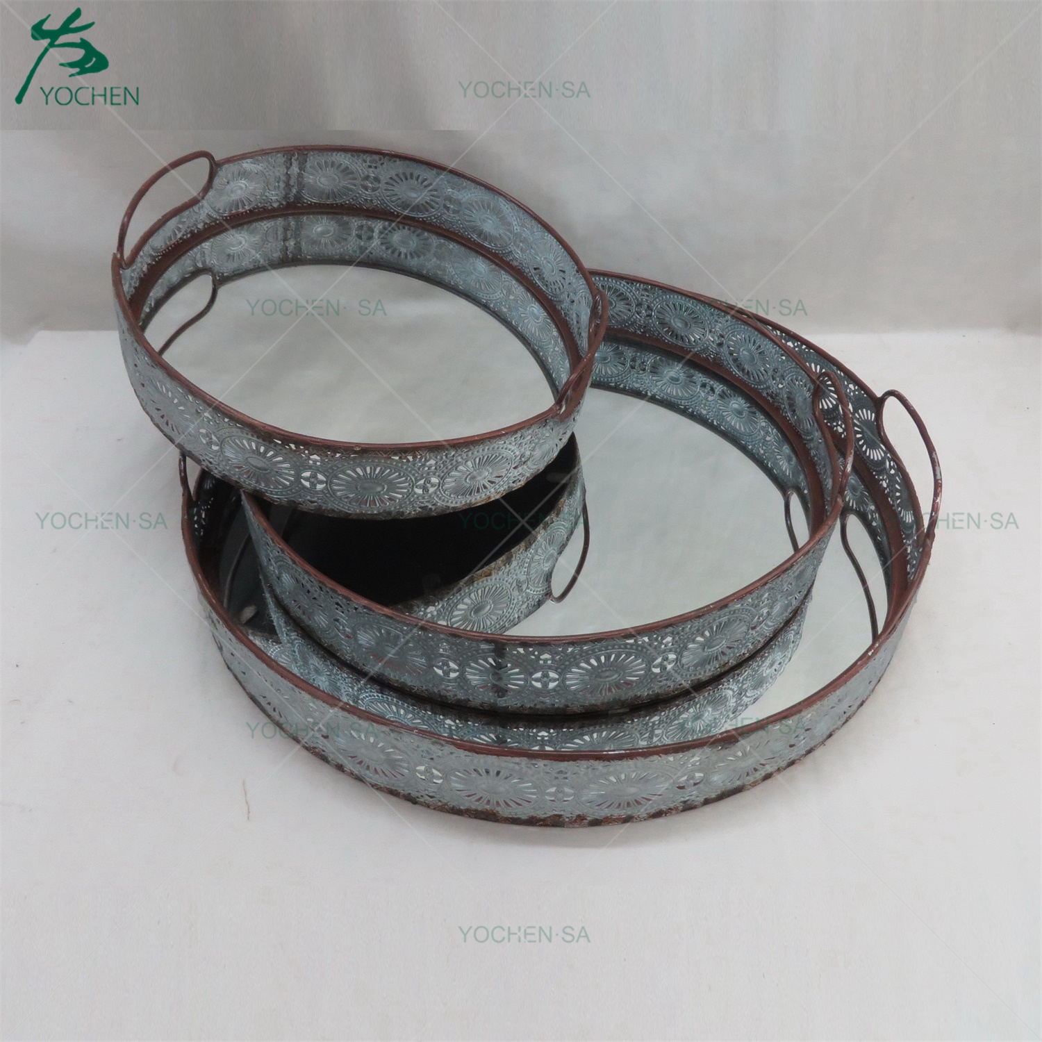 Metal Round Tray with Cutout Side Handles