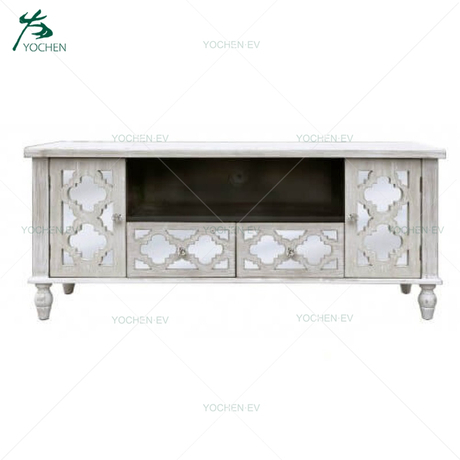 Washed White Painted Wood Frame Mirrored Television Cabinet