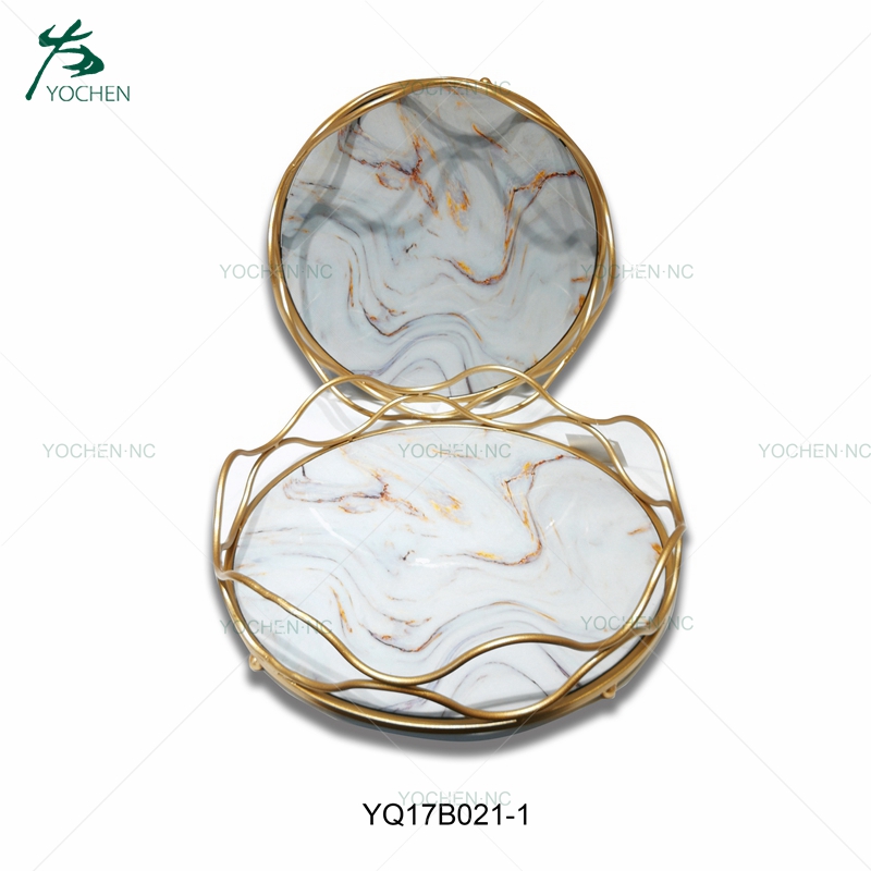 set 3 round metal faux marble serving tray