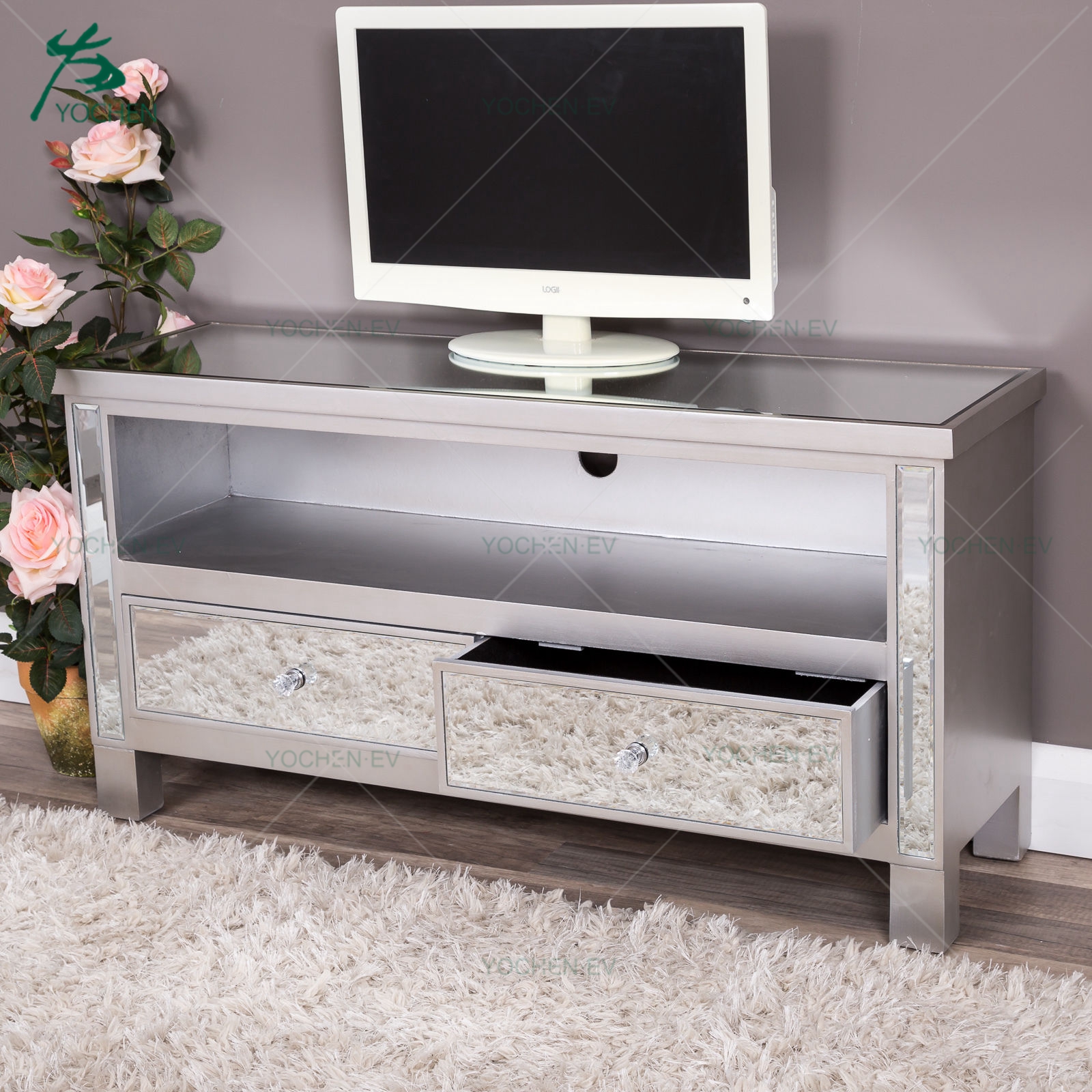 White Mirrored Tv Stand Cabinet Living Room Furniture