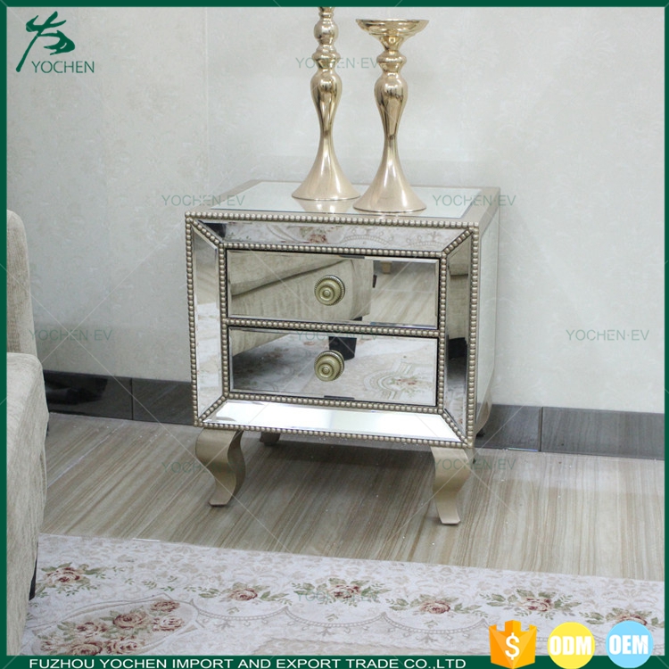 Champagne Beaded Trim Mirrored Buffet Cabinet