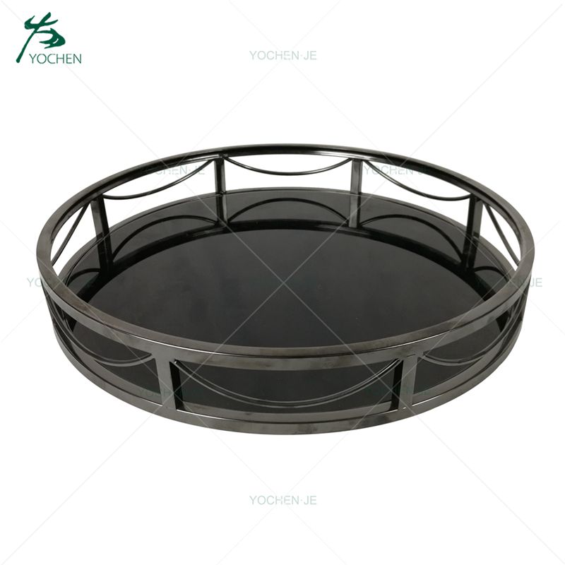 Luxury glass round mirrored serving tray with metal frames