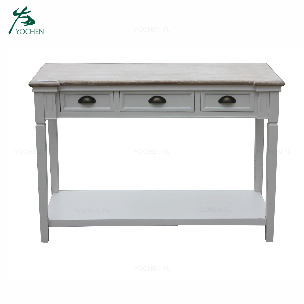 wash white wood panel vintage industrial console table