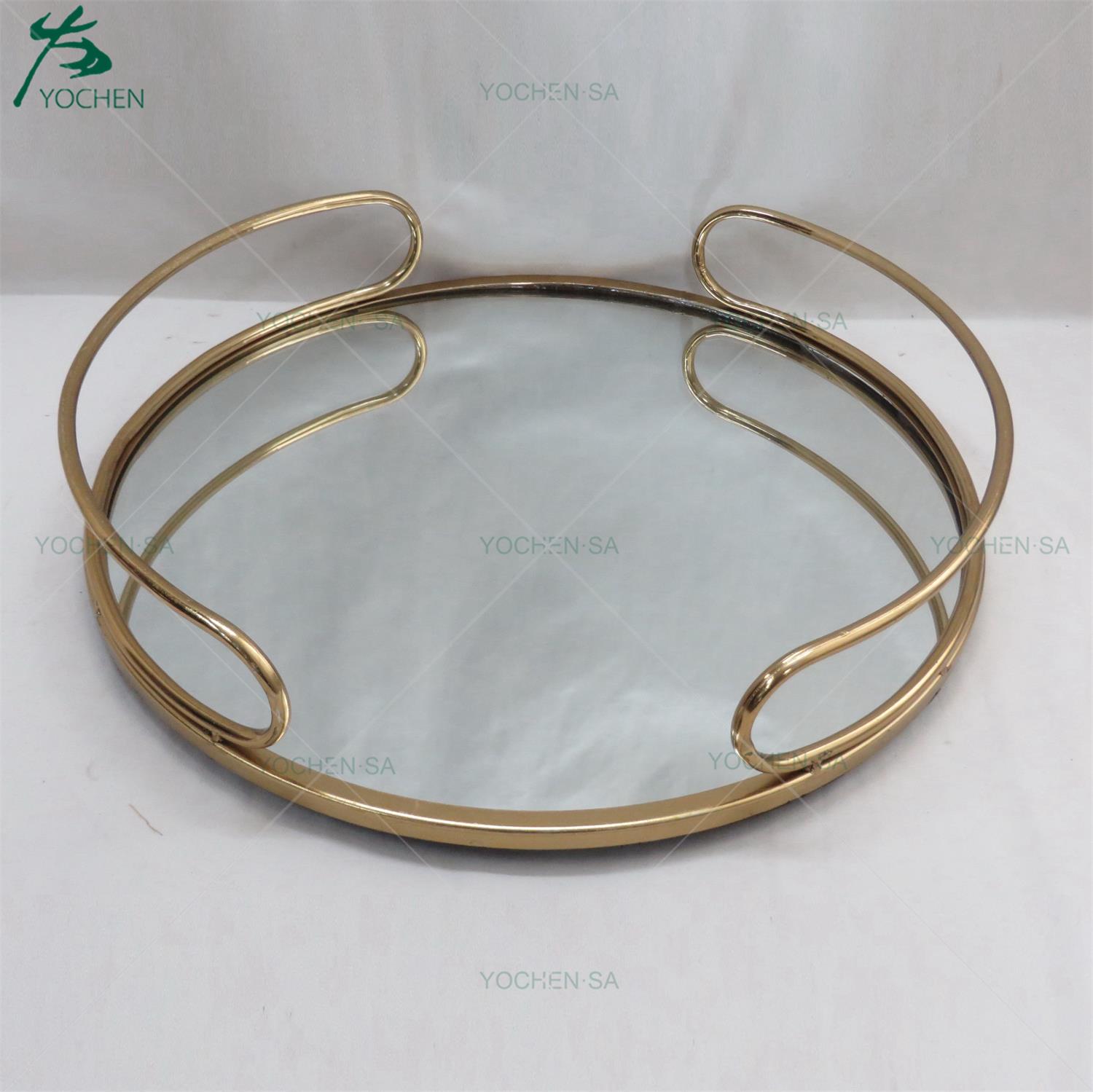 Gold Electroplated Metal Mirrored Tray in Round