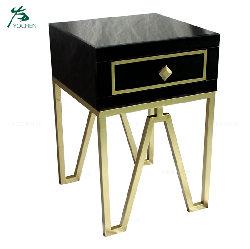 One Drawer Metal Legs Bedside Table Black Mirrored Nightstand