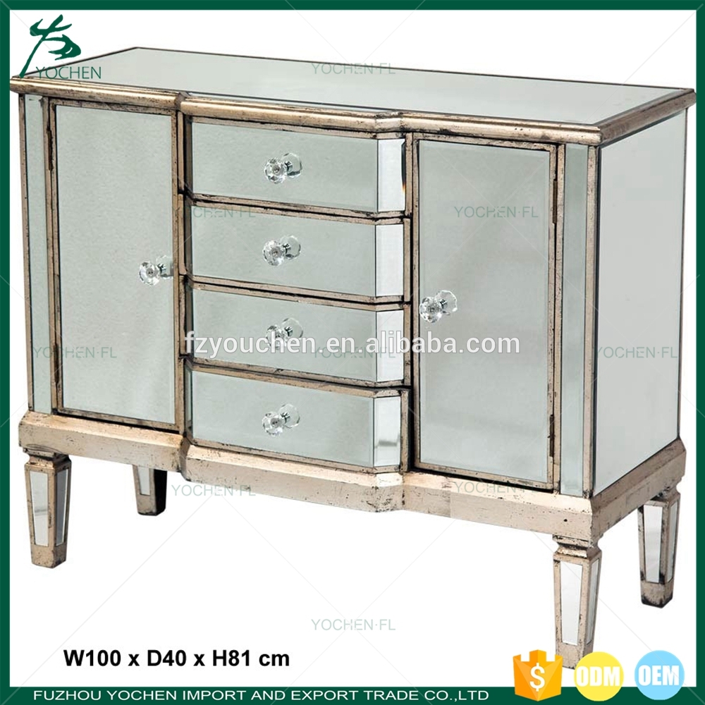 Silver Mirrored Large Cabinet 3 Drawer Mirrored Dresser Sideboard