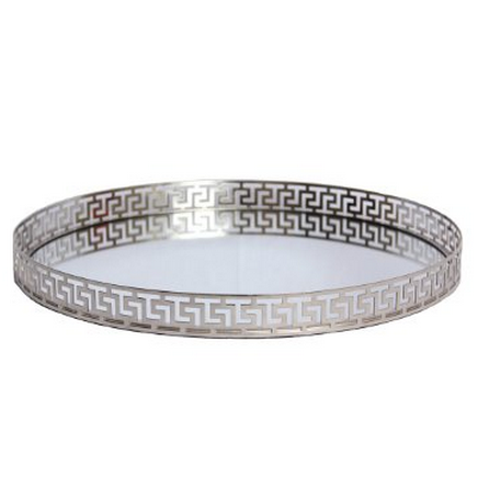 18 Inches Silver Mirror Tray with Greek Key Design