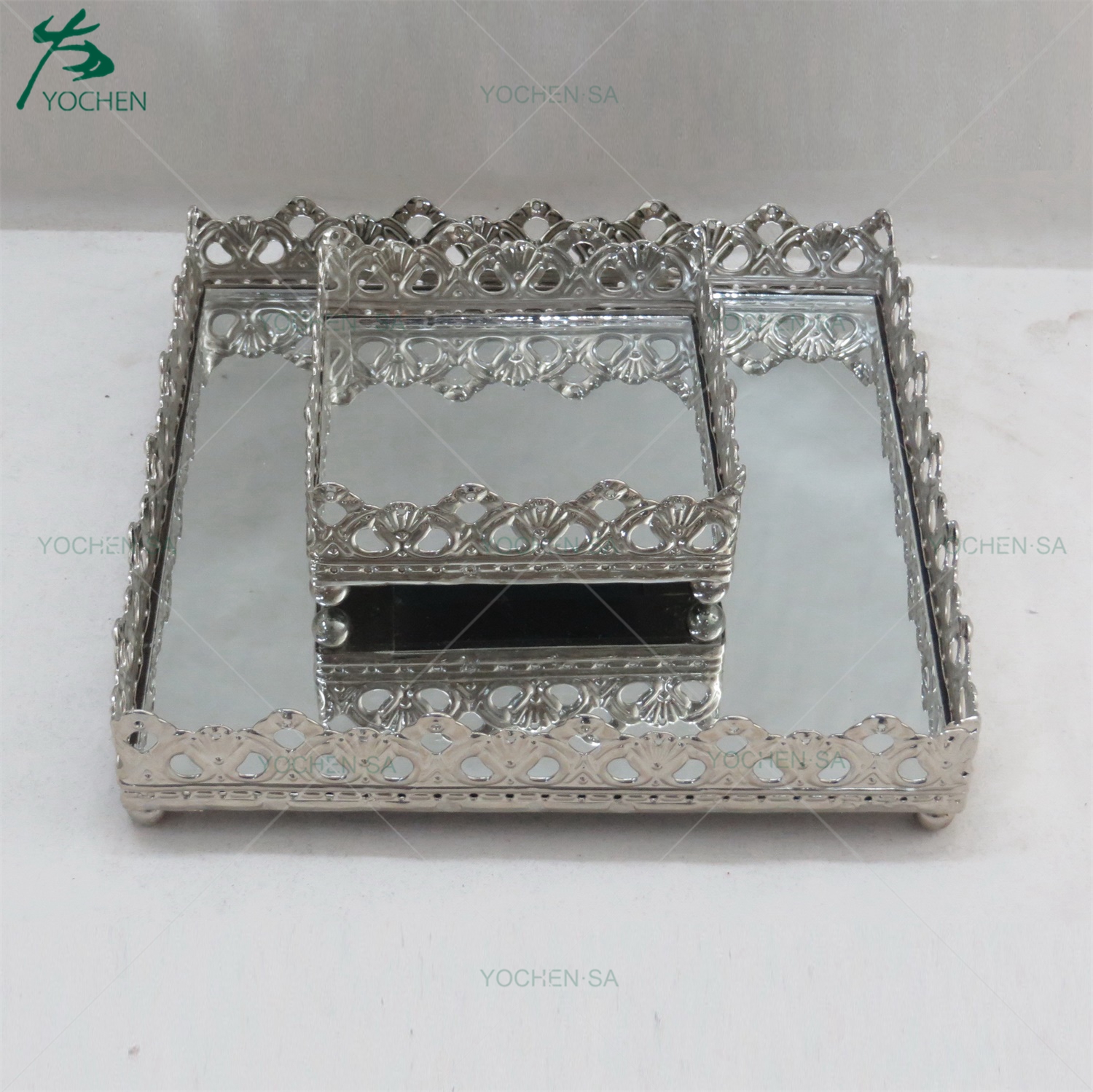 Vintage Metal Rectangular Tray with Mirror Face and Handle Set 3