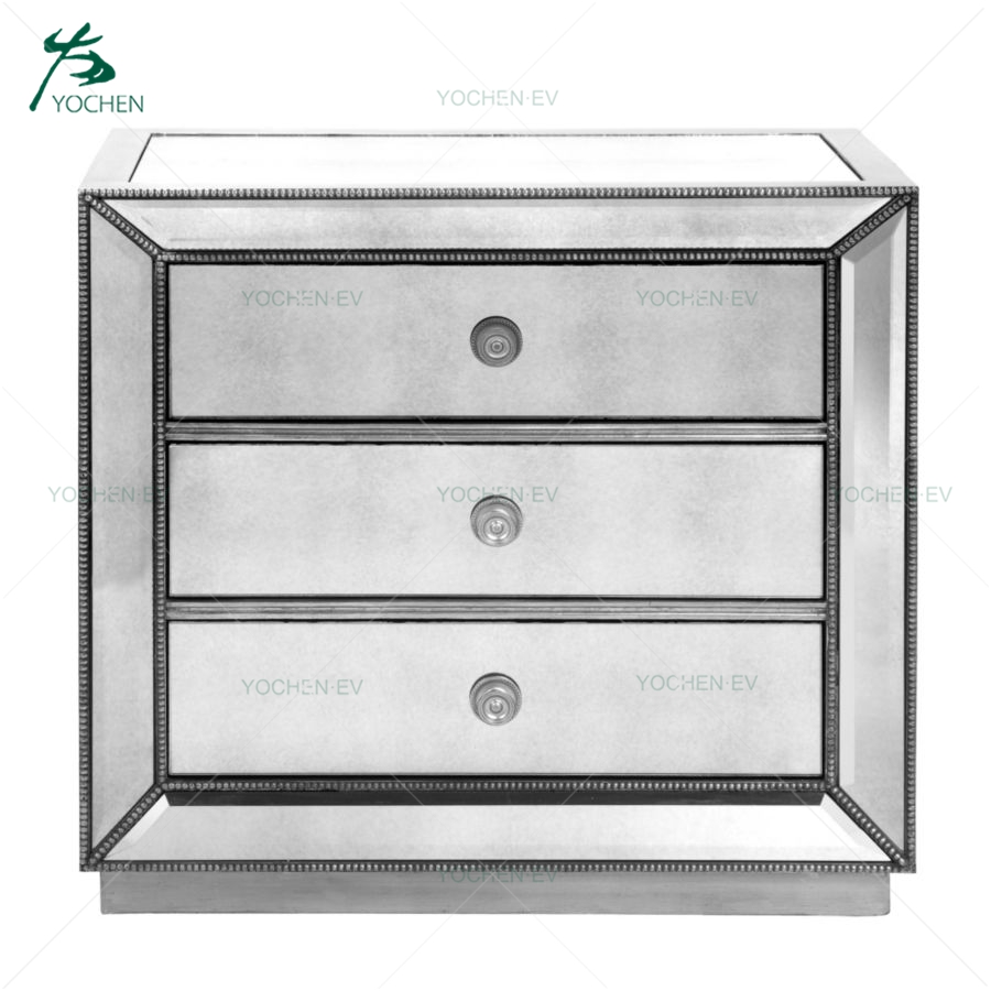 Brushed Antique Silver Paint Mirrored 3 Chest of Drawers