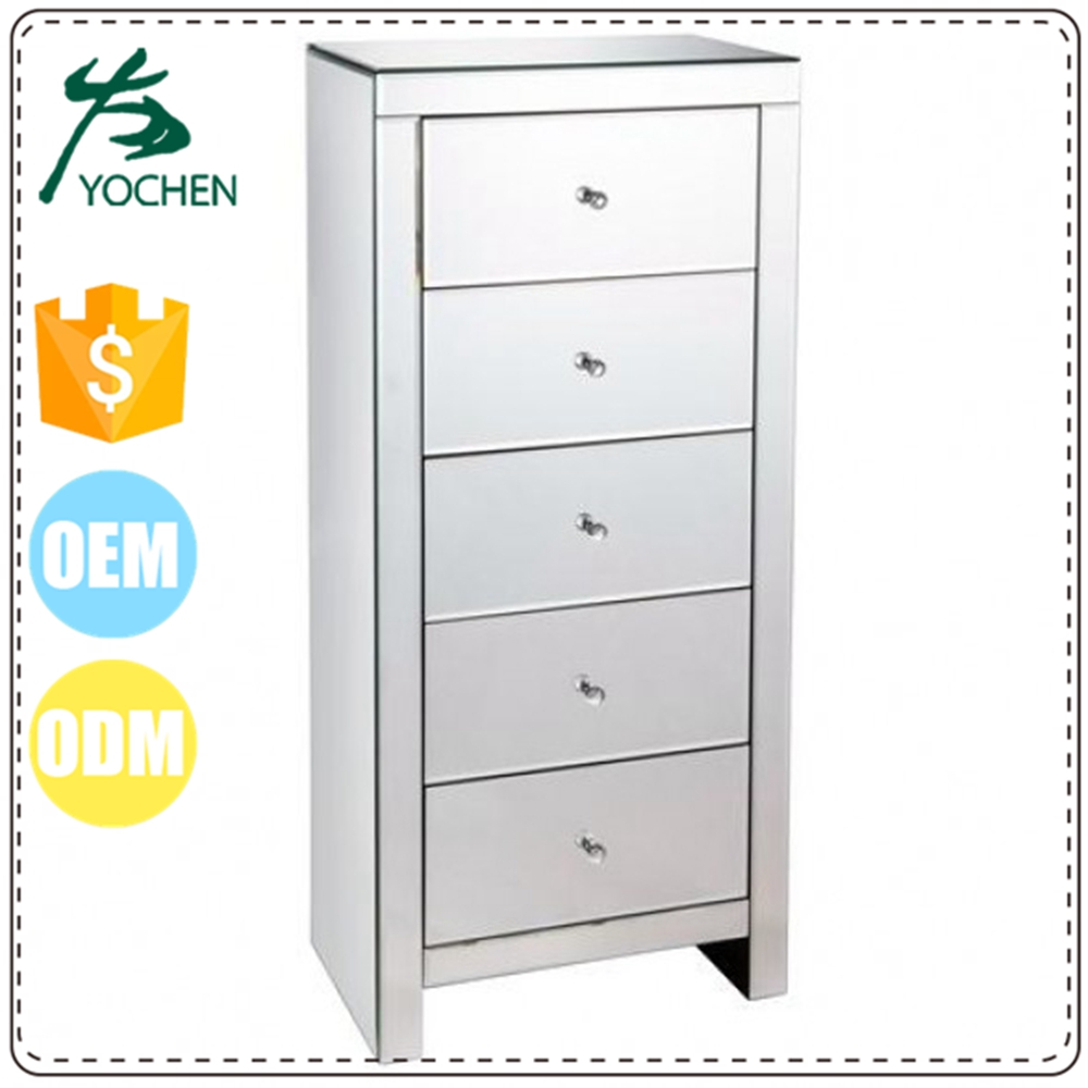 Silver Mirrored 5 Drawers Tall Boy Cabinet
