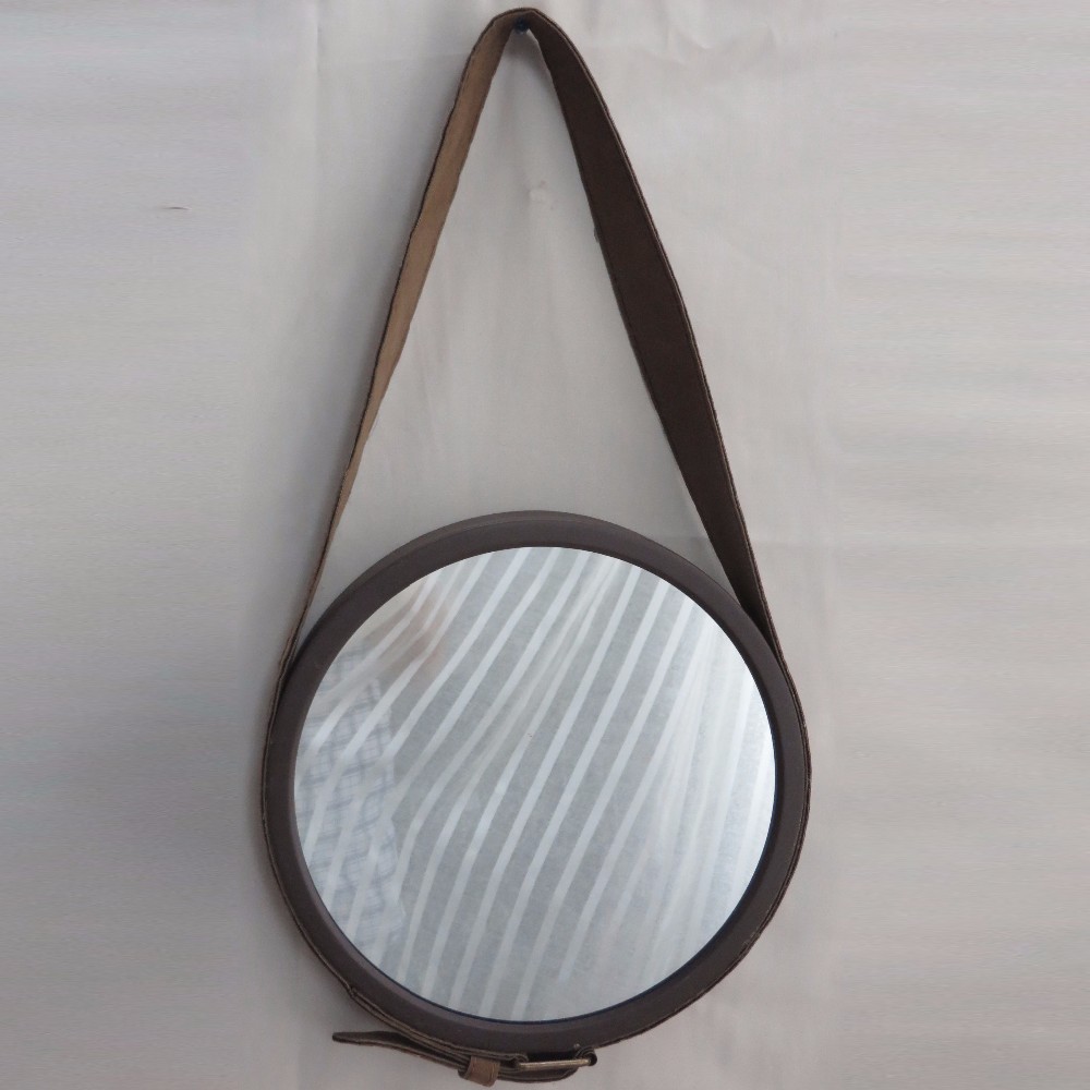 Dark Brown Leather Strap Round Mirror Decorative Hang