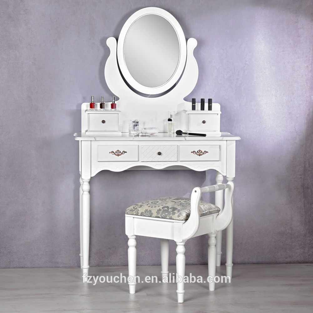 Five Drawers Modern White Wooden Dresser with Mirror