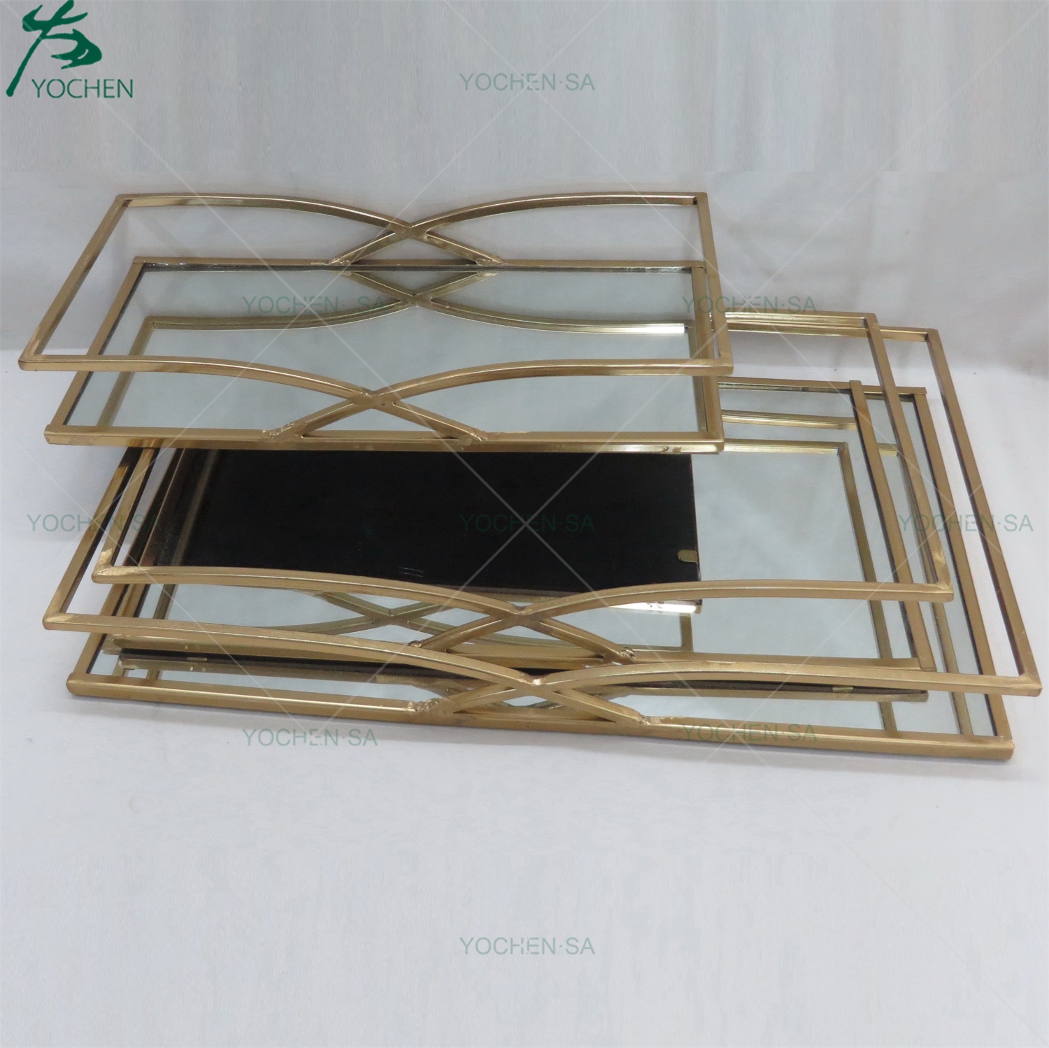Metal Framed Mirrored Tray Gold Color Serving Tray