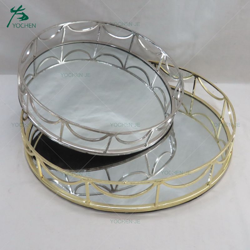 Moroccan decorative silver mirror glass metal tray