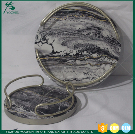 Round Wooden Faux Marble Trays Set 2