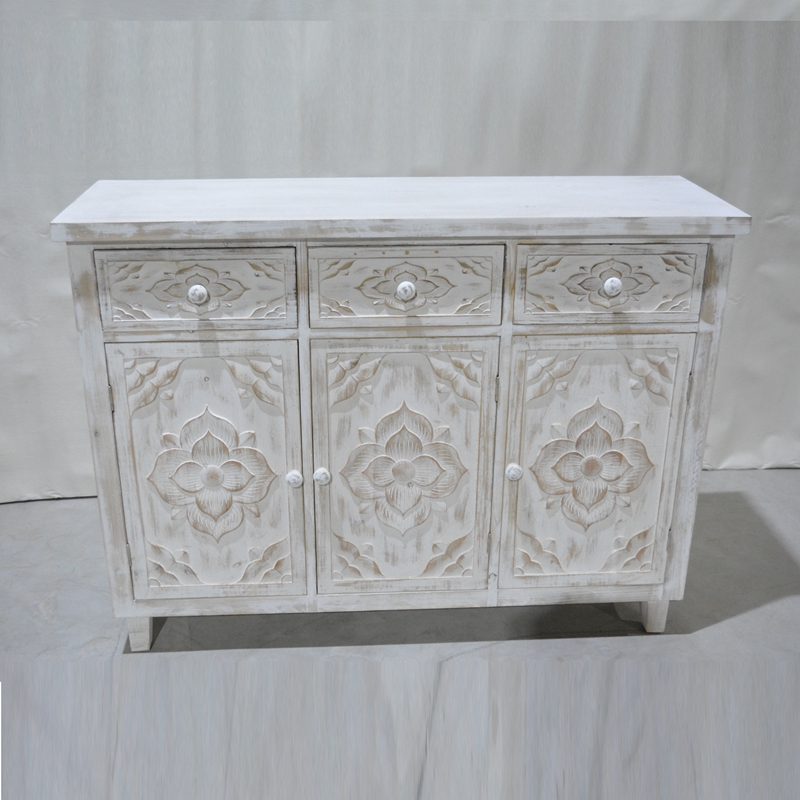 distressed furniture carved flower wash white wood wooden storage cabinet