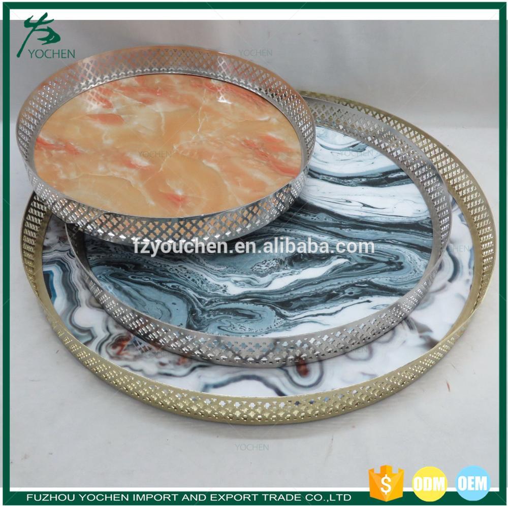 Marble Round Food Display Gold Metal Serving Tray
