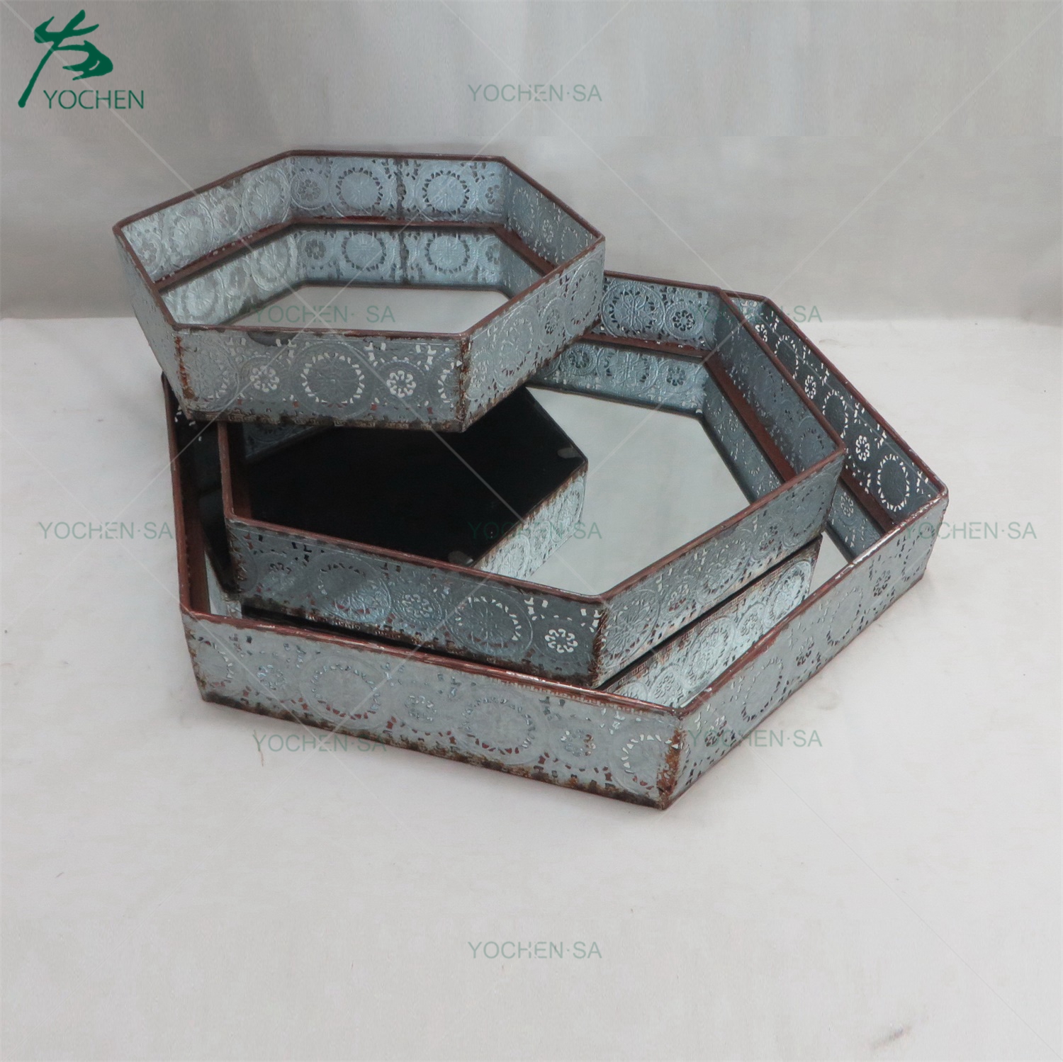 Sexangle Shaped Metal Mirrored Serving Tray Home Decorative Tray
