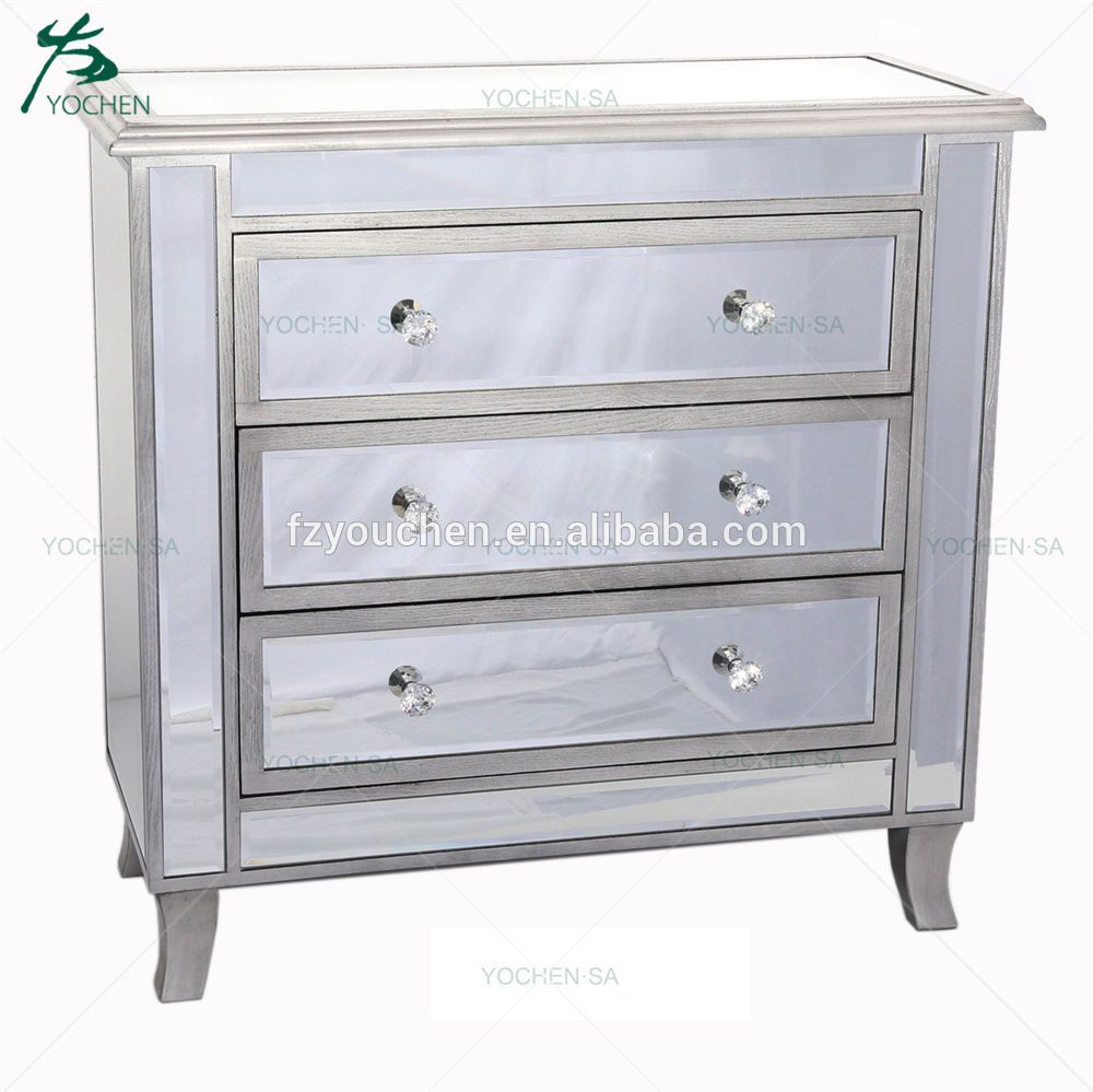 Silver Chest Of 3 Drawers Mirror Glass Modern French Style Wood Chests