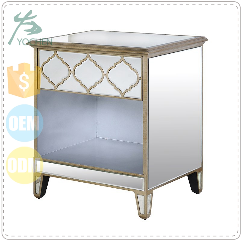 Gold Mirrored Single Drawer Bedside Table Wooden