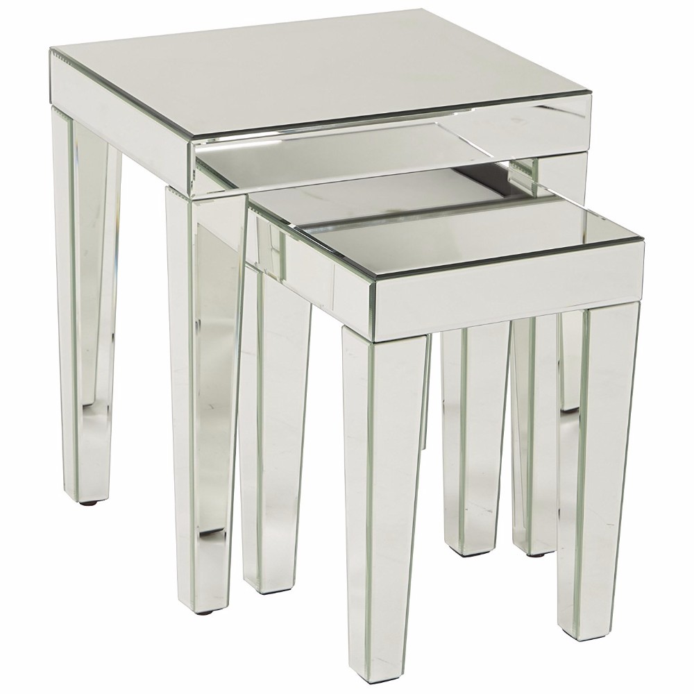 Silver Mirrored Accent Nesting Table with 2 Size L S