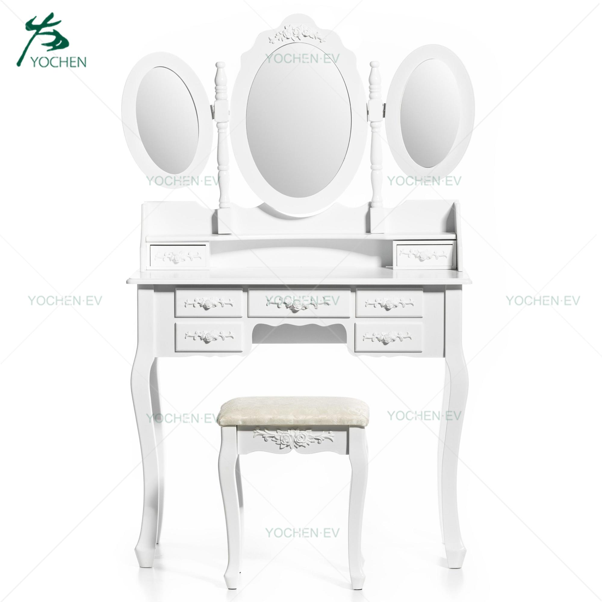 7 Drawers Triple Mirror White Color Wholesale Makeup Vanity Table