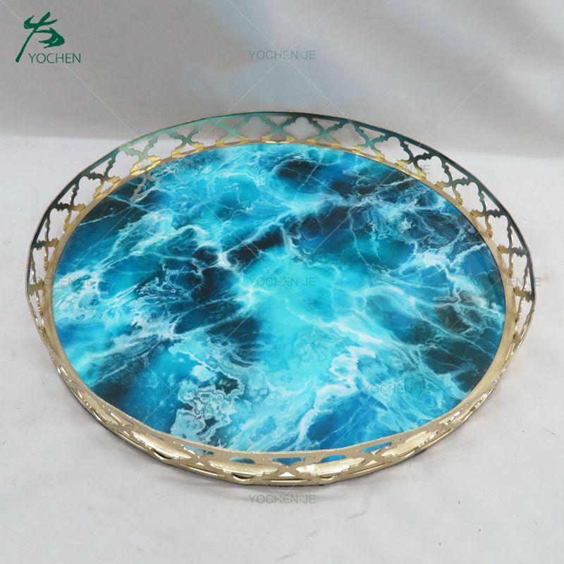 Hotel glass metal silver decorative mirror marble serving tray