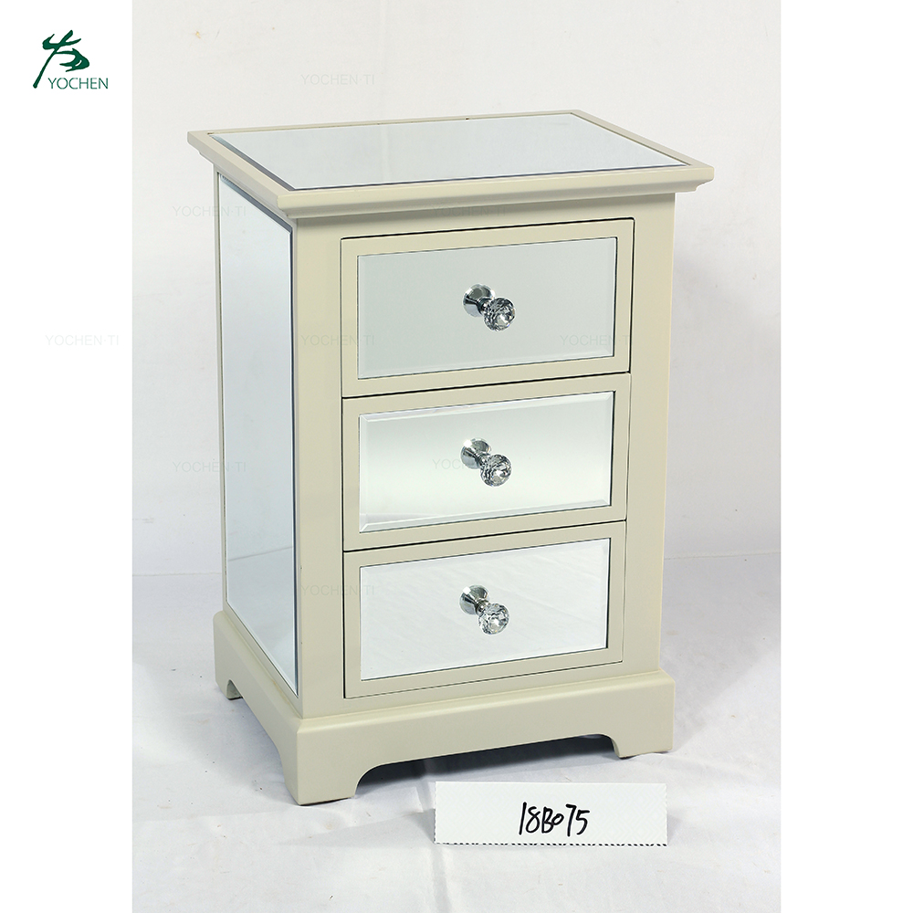 Mirrored three drawer chest with antique painted wood edges