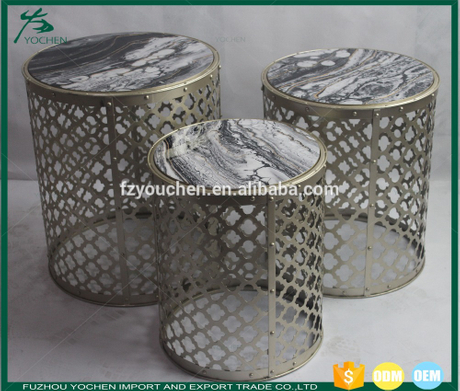 Metal Round Nesting Accent Table with Marble Top