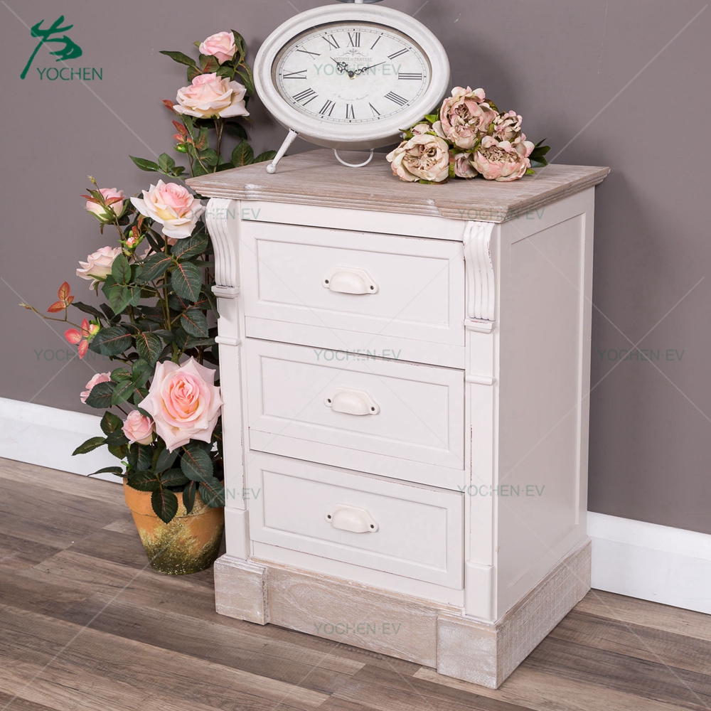 French Cream Distress Wood Three Drawers Bedside Table