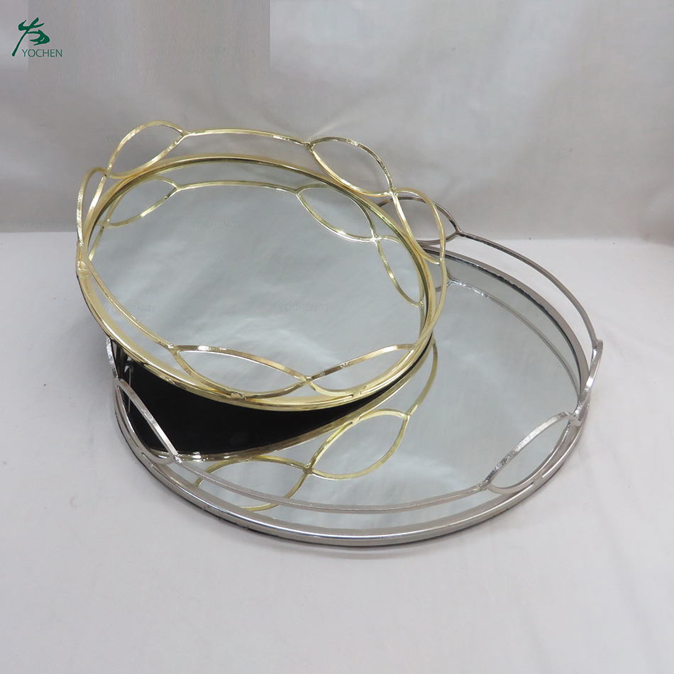 Round mirrored tray silver small mirror vanity tray (2-set)